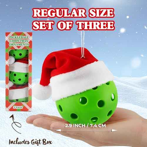 Pickleball Ornaments Set of 3, Green Balls with Santa Hats, Christmas Tree Sports Decorations, Funny Pickleball Gifts, Holiday Home D?cor, Gift Ready Box for Players and Fans