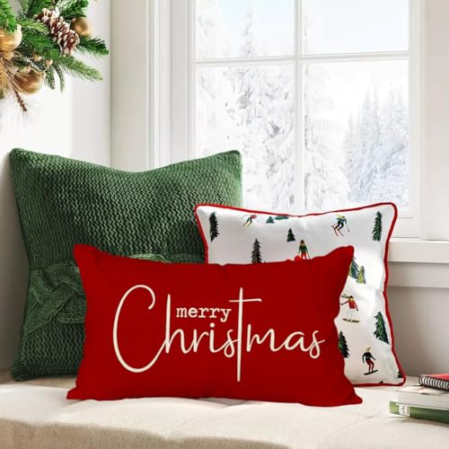 RABUSOFA Christmas Pillow Cover 12x20 Red Holiday Home Decor, Pack of 1