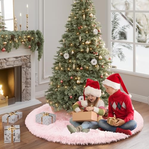 BSSN Upgraded Pink Faux Fur Christmas Tree Skirt - 60 Inch Plush Holiday Base Cover