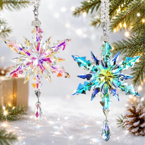 Kockuu 2pcs AB Color Crystal Snowflake Holiday Ornaments for Xmas Tree