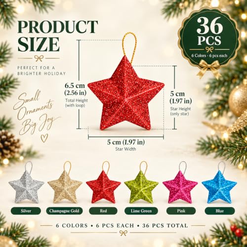 36-Piece Glitter Gold Star Christmas Ornaments Set with Loops