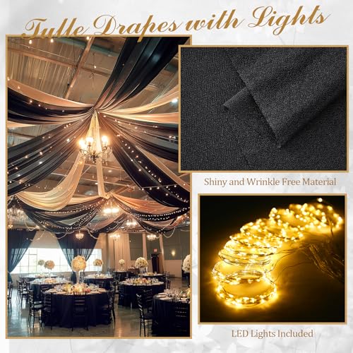 60" x 120" Black Ceiling Curtains Pack of 6 for Weddings & Events - Wrinkle-Free Tulle Drapes