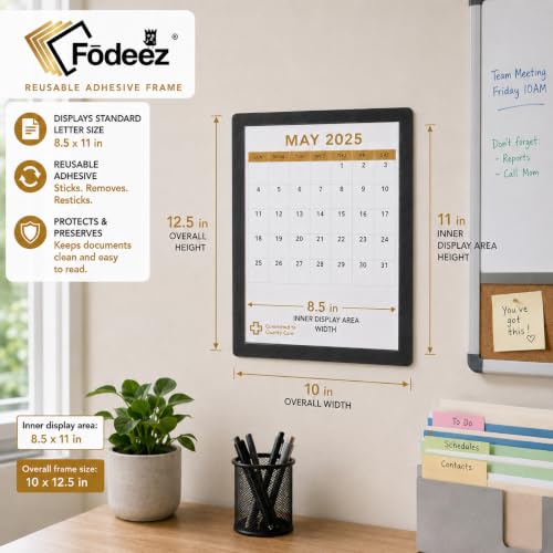 Fodeez Black 8.5 x 11 Self-Adhesive Wall Frames Pack of 5 – Reusable Dry Erase Protector