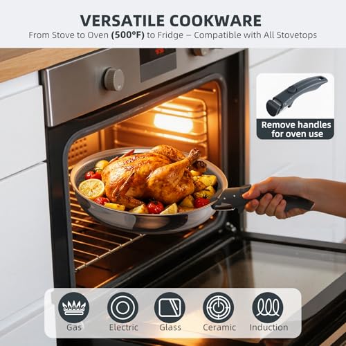 Ciwete 6-Piece Stainless Steel Cookware Set with Nonstick Honeycomb Surface - Includes Lids & Detachable Handle