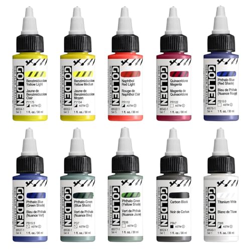 GOLDEN High Flow Acrylic Paint Set - 10 Colors for Airbrush & Art