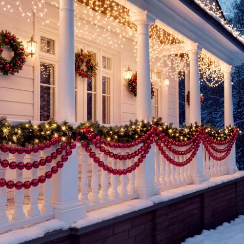 Jenaai 3-Pack Burgundy Christmas Ball Garland with Cherry Red Variation, 6ft Shatterproof Ornaments
