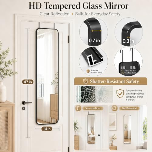 47x14 Inch Full Length Mirror Over the Door Wall Mounted Rope Hang Black Variation