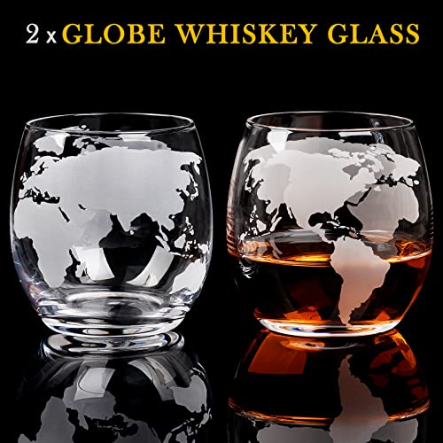 PONPUR Whiskey Decanter Globe Set with 850ml Bottle, 2 Glasses & Chill Stones for Men Dad