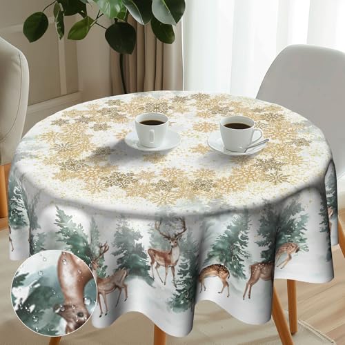 Imiss Winter Wonderland Reindeer Round Tablecloth 60in - Snowflake Pine Tree Christmas