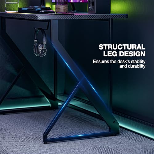 Grandder 40 Inch Black Z-Shaped Gaming Desk with Carbon Fiber Surface & Headphone Hook