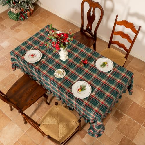 Green Plaid Christmas Ruffled Cotton Blend Tablecloth 60x120" Rectangle