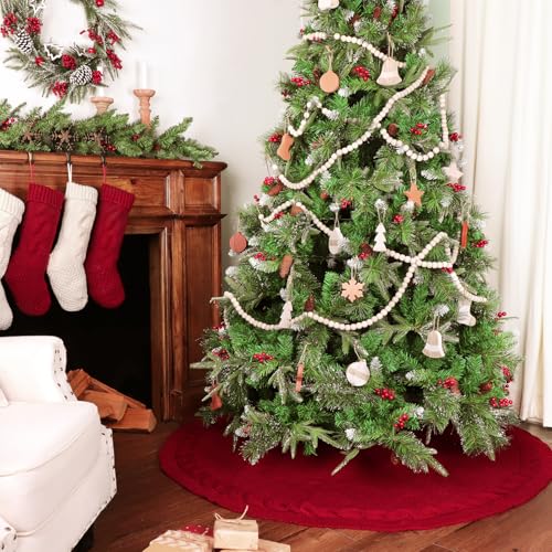 LimBridge Large Cable Knit Christmas Tree Skirt - Rustic Burgundy 60 Inch