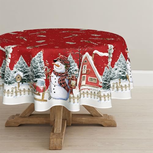 Horaldaily Christmas Round Tablecloth 90 Inch Snowman House Red, Winter Holiday Decor