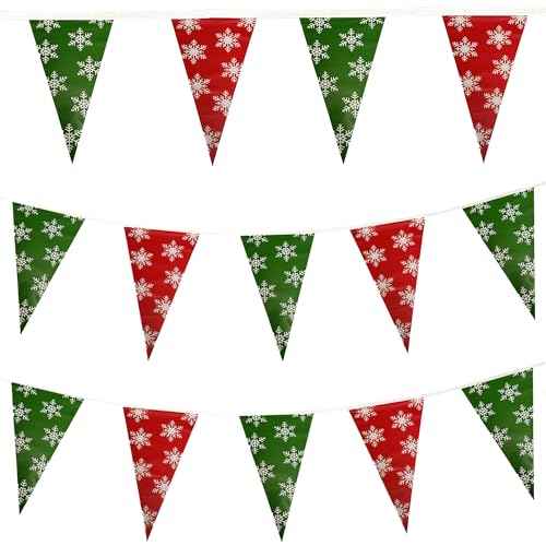 100FT Christmas Plastic Flags, Holiday Pennant Banner, Green and Red Garland with White Snowflakes, Xmas Decoration Triangle Flags, Winter Decoration Bunting Banner, by Bashout