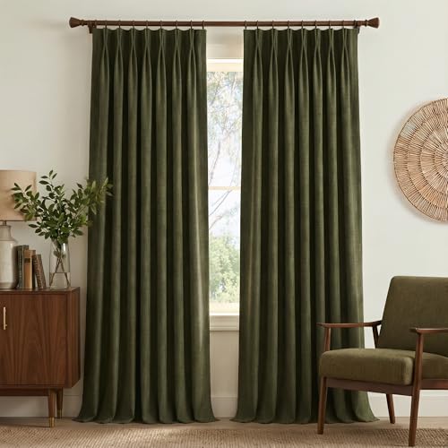 NICETOWN Vintage Olive Dark Green Pinch Pleated Linen Curtains - 40"W x 90"L, Pack of 2
