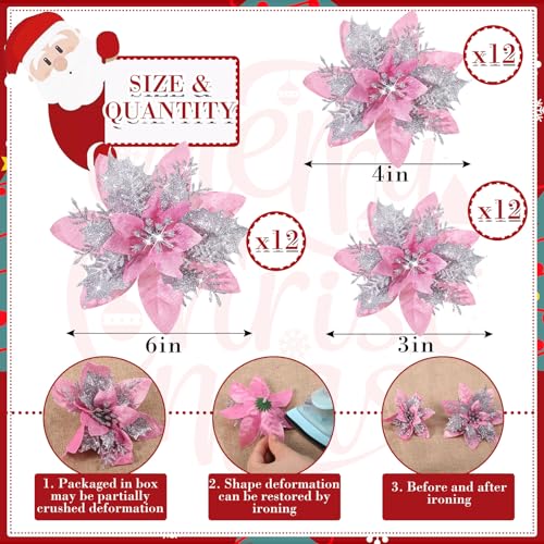 36 Pcs Artificial Poinsettia Christmas Decorations Peach Pink & Silver