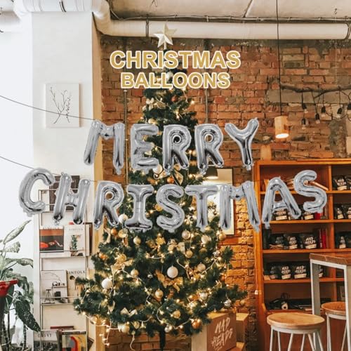 Dzrige 16in Merry Christmas Banner Balloons - Silver Foil Letters Kit for Xmas Party