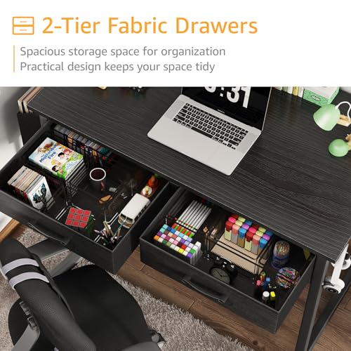 DLisiting 32 Inch Small Computer Desk with Drawers - Black, Space Saving Student & Gaming Table