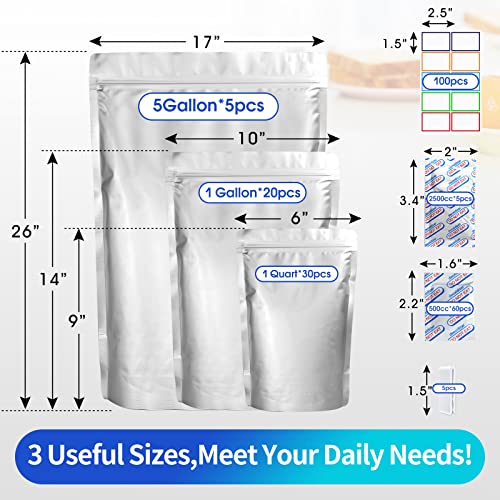 15 Mil 5 Gallon Food Storage Mylar Bags with Oxygen Absorbers, Resealable