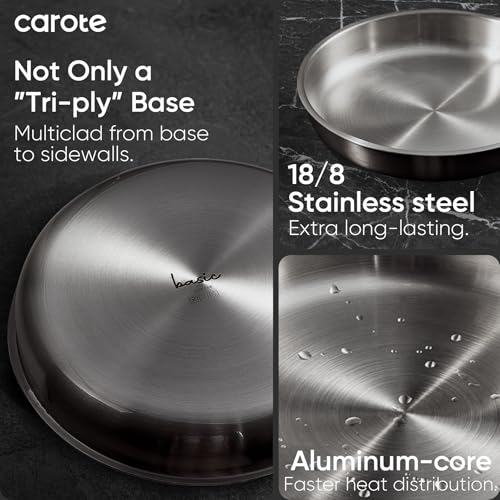 CAROTE 15-Piece Tri-Ply Stainless Steel Cookware Set with Detachable Handles - Silver