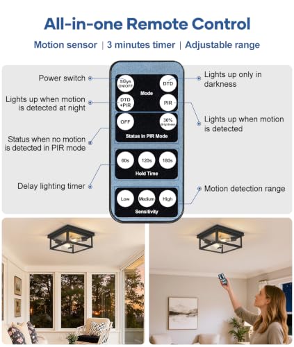 Black 12.2 Inch Motion Sensor Outdoor Ceiling Light with Remote - Porch, Garage, Patio
