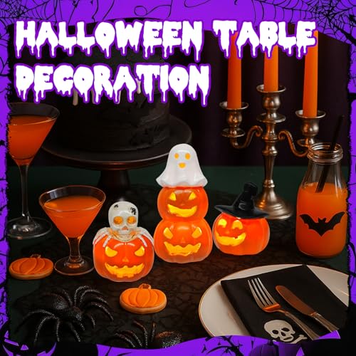 Rileryan 3 PCS Halloween Jack O Pumpkin Figurines Skull Ghost Figurine for Halloween Spooky Haunted Decor Gifts Home Kitchen Indoor Tabletop Tiered Tray Fireplace Decoration
