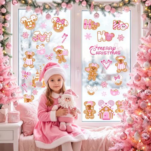 Mouse Pink Christmas Decorations 7 Sheet Gingerbread Window Clings