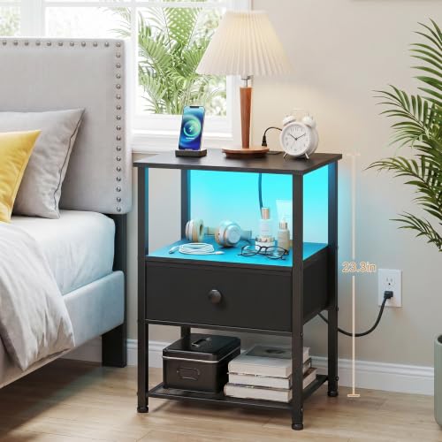 LOAKEKEL Set of 2 Nightstands with Charging Station & RGB LED Lights - Black / LED & Power