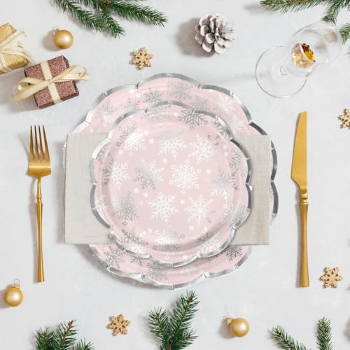 LeZakaa 25Pcs Christmas Paper Plates - Snowflake in Pink Silver Foil Winter Holiday Design Disposable Party Plates Decorative Tableware Supplies Table Decor for Christmas - 7 Inch