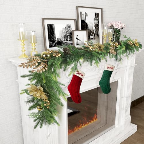 6ft Norfolk Pine Garland with Gold Flowers - Premium Indoor/Outdoor Christmas Greenery