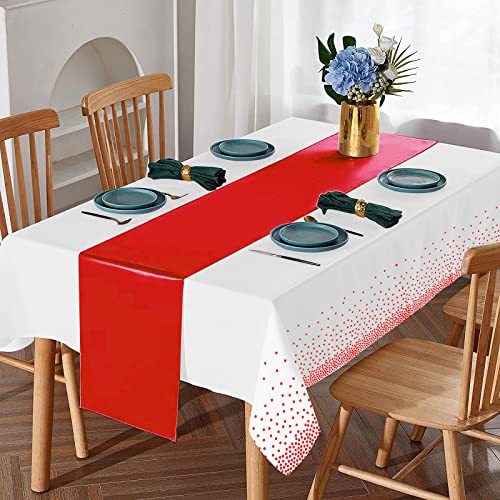 White and Red 16-Pack Disposable Plastic Tablecloths & Satin Table Runner Set for Weddings & Parties