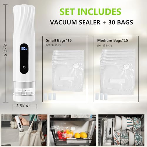 Handheld Food Vacuum Sealer with 30 Reusable Bags - Compact, Cordless, Rechargeable