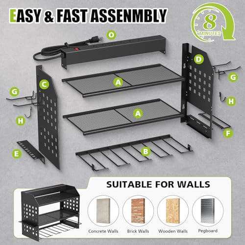 Power Tool Organizer Wall Mount with Charging Station - 3 Layers, 4 Drill Holders, Black