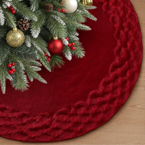 TOCHGREEN Red Knitted Christmas Tree Skirt 48 inches Chunky Knit