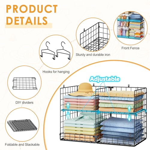 Heavy Duty Metal Closet Organizer with Adjustable Dividers & Hooks - Split into 2 Units