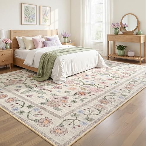 Floral Pink 8x10 Area Rug for Living Room & Bedroom Non-Slip Carpet with Rubber Backing
