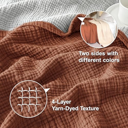Cotton Muslin Blanket Queen Size Reversible 4-Layer Gauze Bedspread for All-Season Comfort - Rust Orange