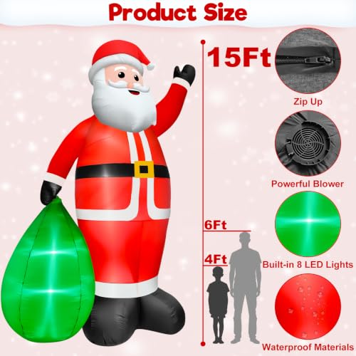 15FT Inflatable Santa Claus with Gift Bag & LED Lights, Outdoor Christmas Decor