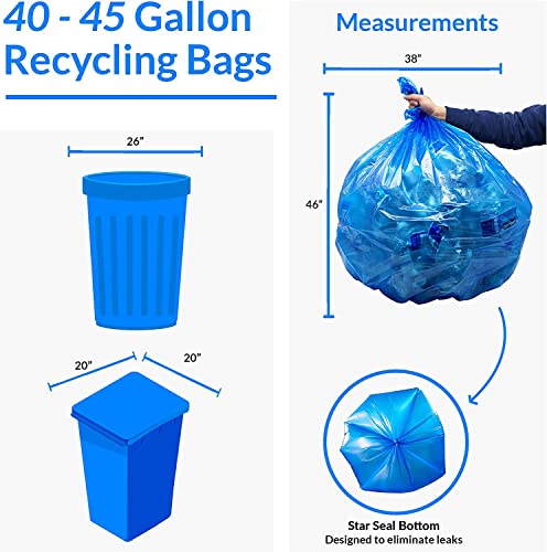 40-45 Gallon Recycling Trash Bags - Blue 200 Count Bulk Recyclable Garbage Liners