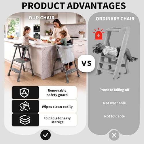 Foldable Toddler Standing Tower - Black Kitchen Step Stool for Kids 1.5-6 Years