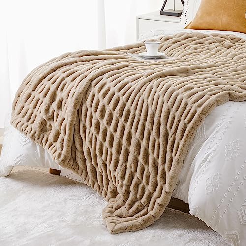 Soft Faux Fur Throw Blanket - Double Side, 50x60 Inches, Beige - Cozy Couch & Bed Decor