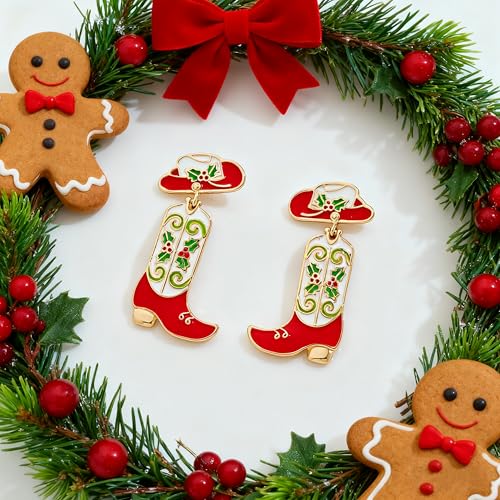 Christmas Boot Hammered Horseshoe Dangle Earrings 14k Gold Plated Western Lucky Symbol for Women