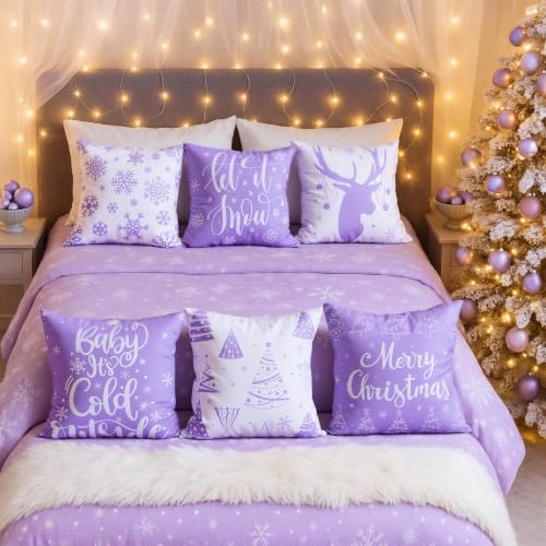 VitalCozy Lilac Purple Christmas Snowflake Throw Pillow Covers 6-Pack