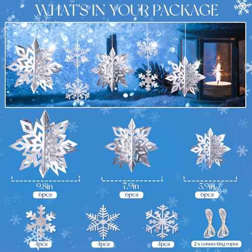 30pcs Paper Snowflakes Ornaments, 3D Silver Hanging Snowflake, Large Snowflake Garland for Christmas & New Year Party Decorations
