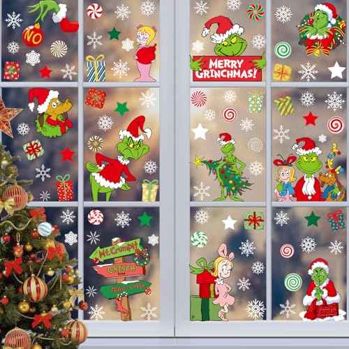 Christmas Window Clings Decorations for Window Glass, Large Xmas Green Red Stickers Decals Decor 9 Sheets Reusable Double Sided Window Stickers, Merry Christmas Gel Decals Indoor Party Supplies