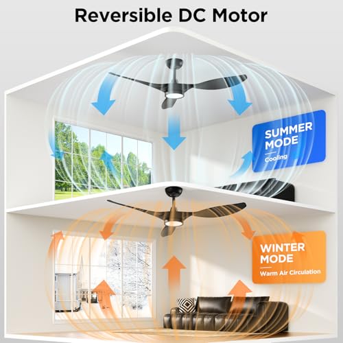Roomratv 52 Inch Black Modern Ceiling Fan with Dimmable LED Light & Remote