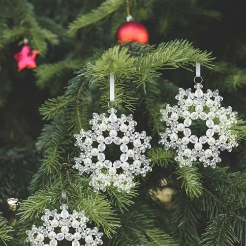 Halloscume 5 Pack Crystal Beaded Snowflake Christmas Ornaments, White