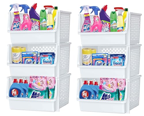 Skywin 6 Pack XL Stackable Open Front Storage Bins for Pantry & Organization – White