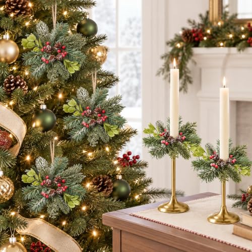YLOLUL 12 Pcs Christmas Frosted Pine Candle Ring Wreaths Winter Decor
