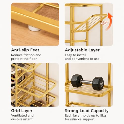 Gold Shoe Rack Tower - Narrow 7-Tier Metal Organizer for Small Spaces